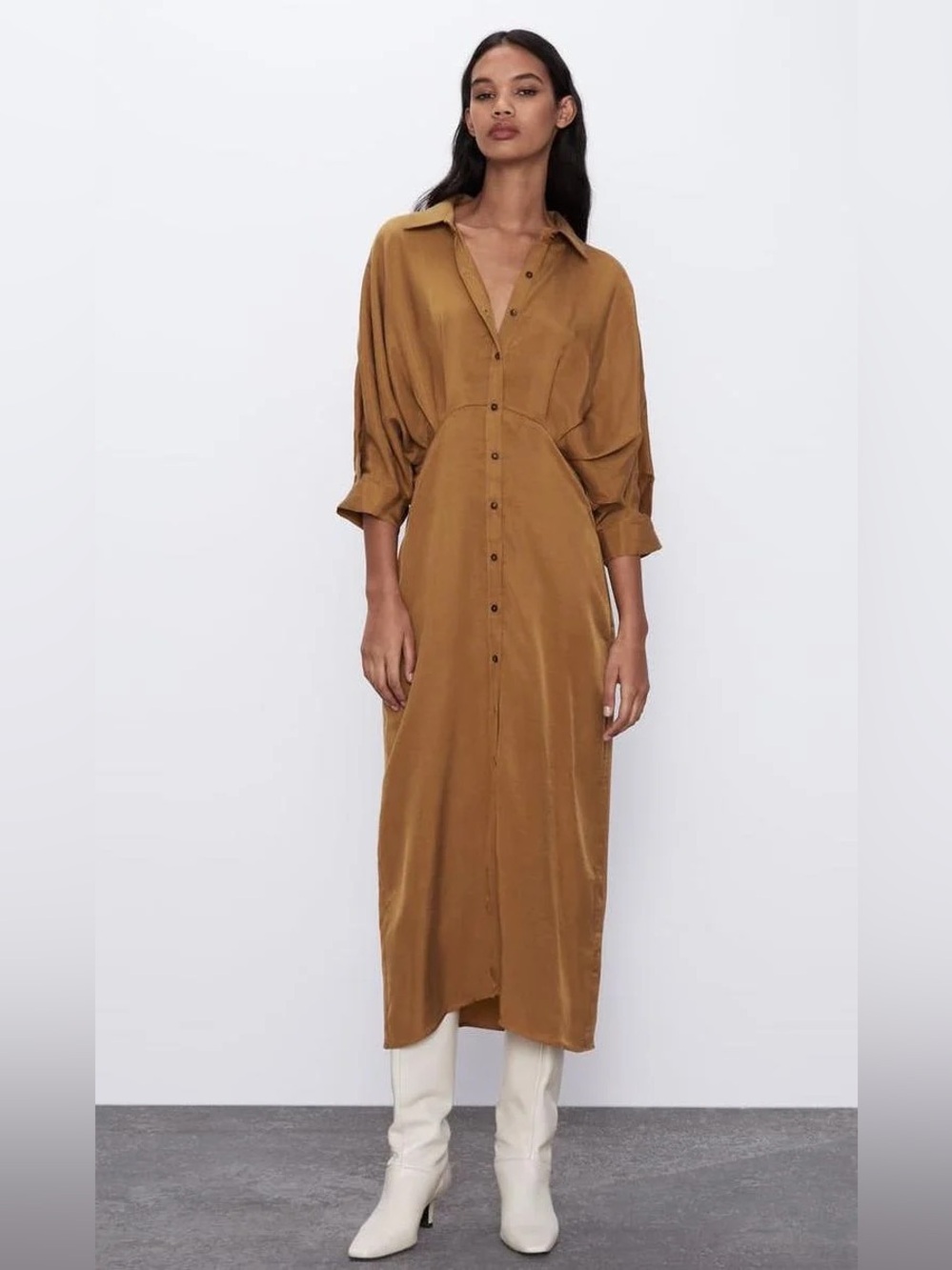 Zara Mustard Puff-Sleeve Midi Shirt Dress XS